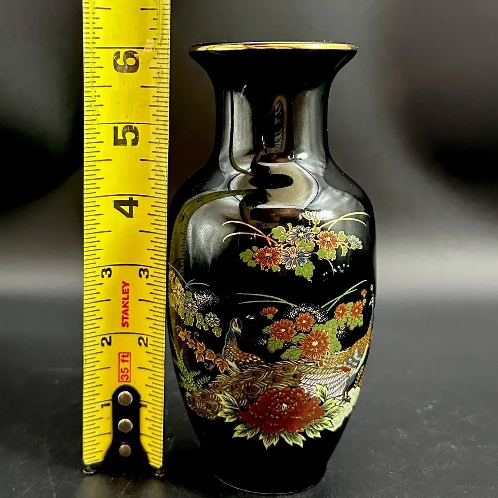 Vintage Japanese Kutani Chokin Style Black Porcelain Vase Peacock Floral Gold 6”